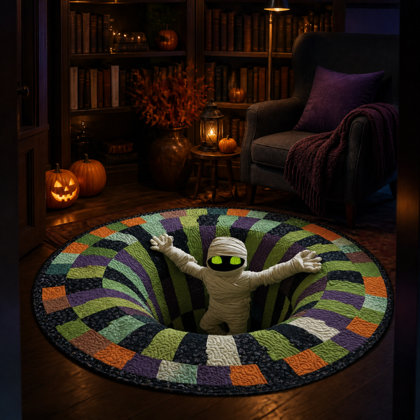 Mummy design floor mat in a reading room