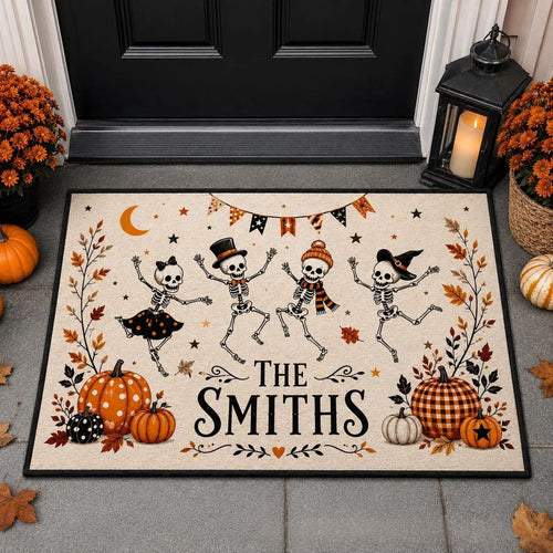 Dancing skeletons doormat outside a black front door