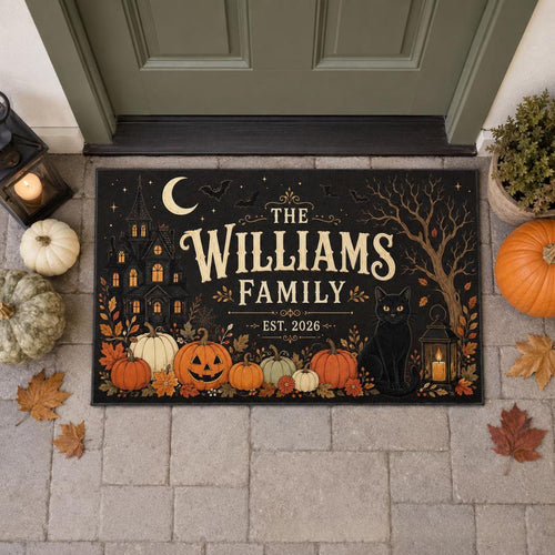 Haunted house family doormat with pumpkins on a stone porch