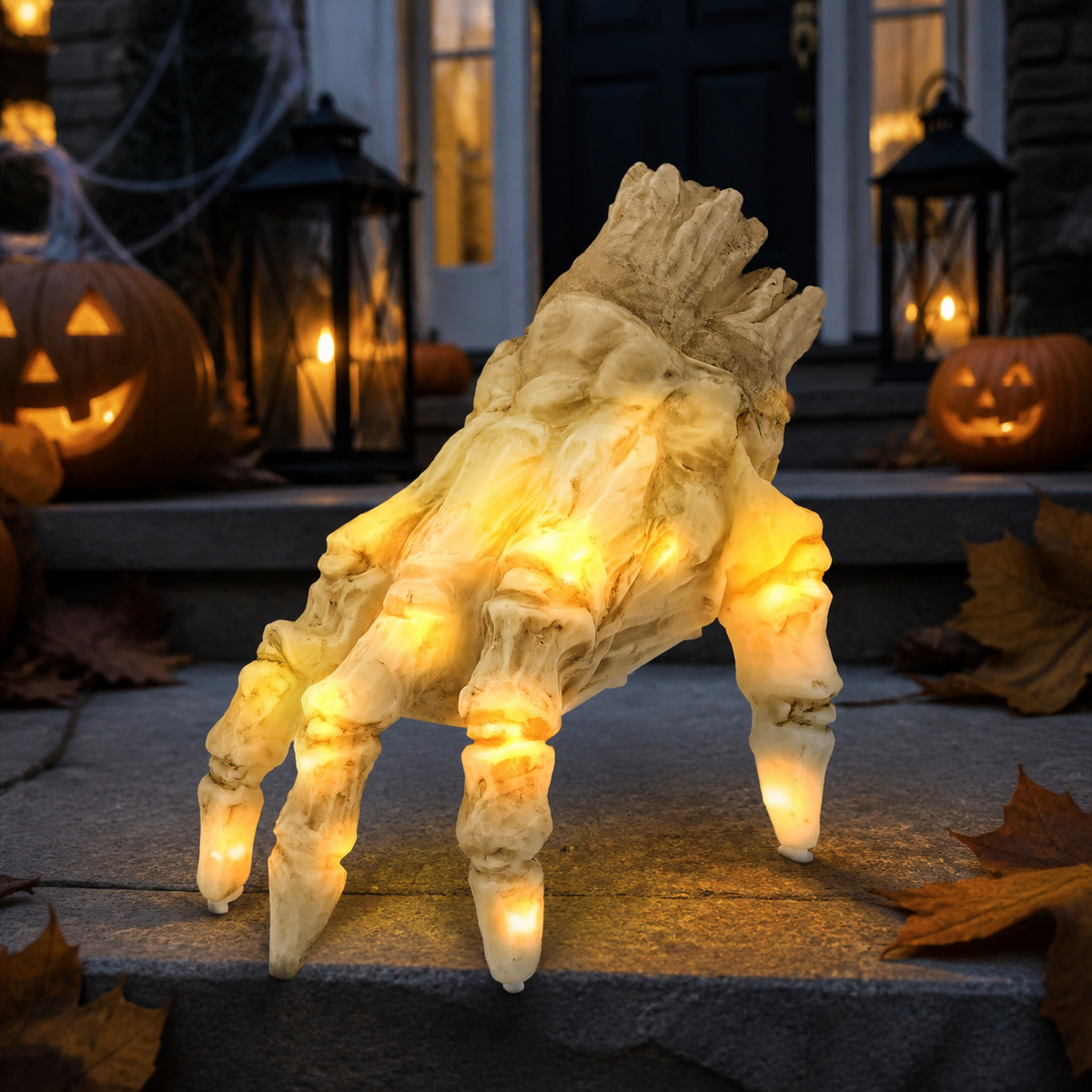 Skeleton hand glowing on a front porch step beside lit jack-o'-lanterns