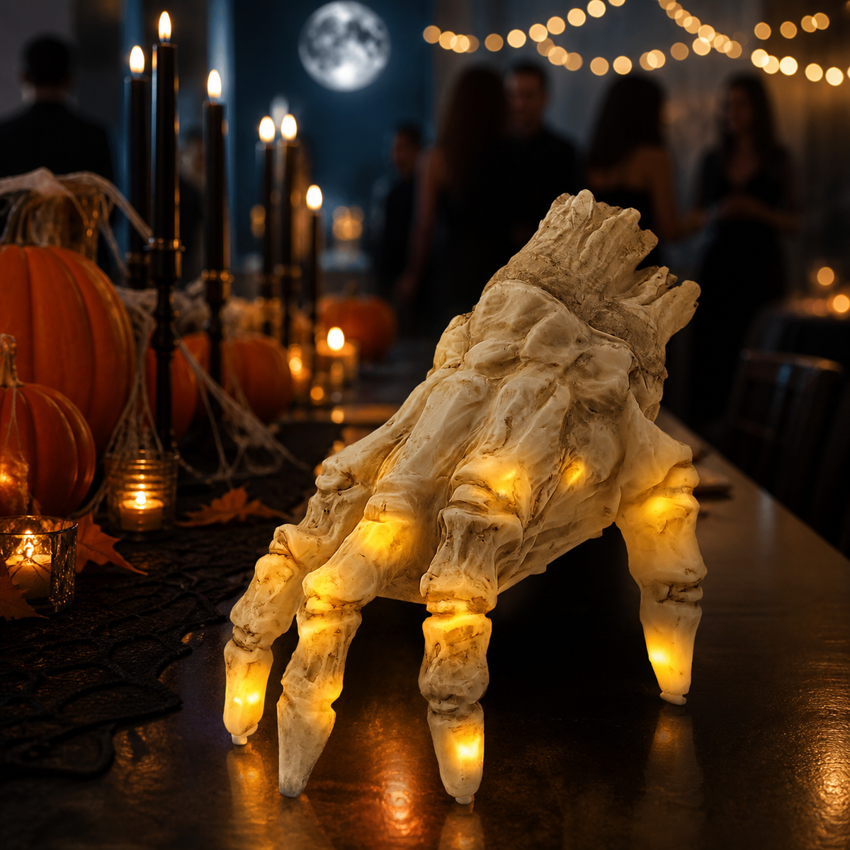Skeleton hand lit on a party table with candles and guests in the background