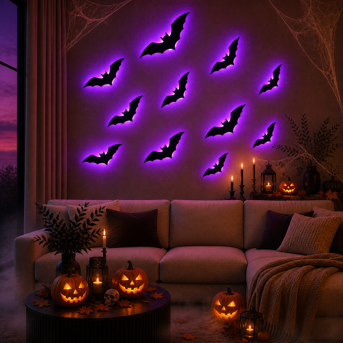 Eleven BatGlow bats backlit purple on a living room feature wall above a sofa