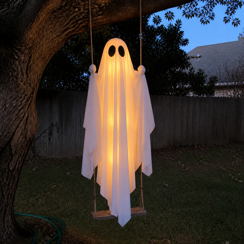 Light-up hanging ghost on a rope swing under a tree at dusk