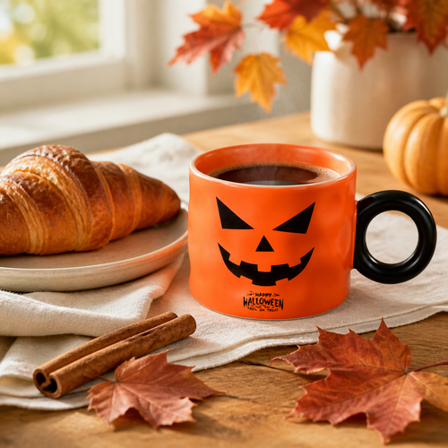 Pumpkin mug of coffee on a breakfast table with autumn leaves