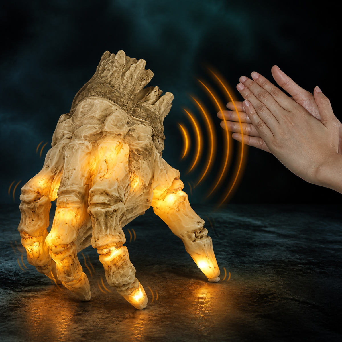 Diagram showing the skeleton hand reactivating when someone claps nearby