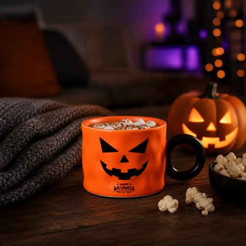 Pumpkin mug of hot chocolate beside a lit jack-o'-lantern