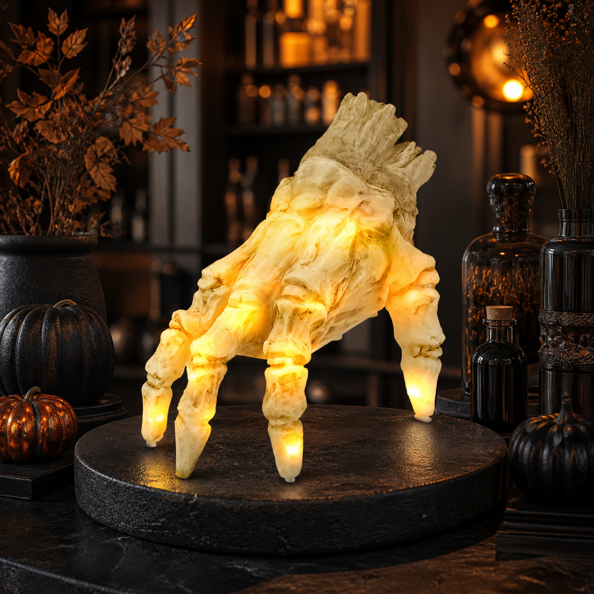 Skeleton hand on a dark bar top beside apothecary bottles