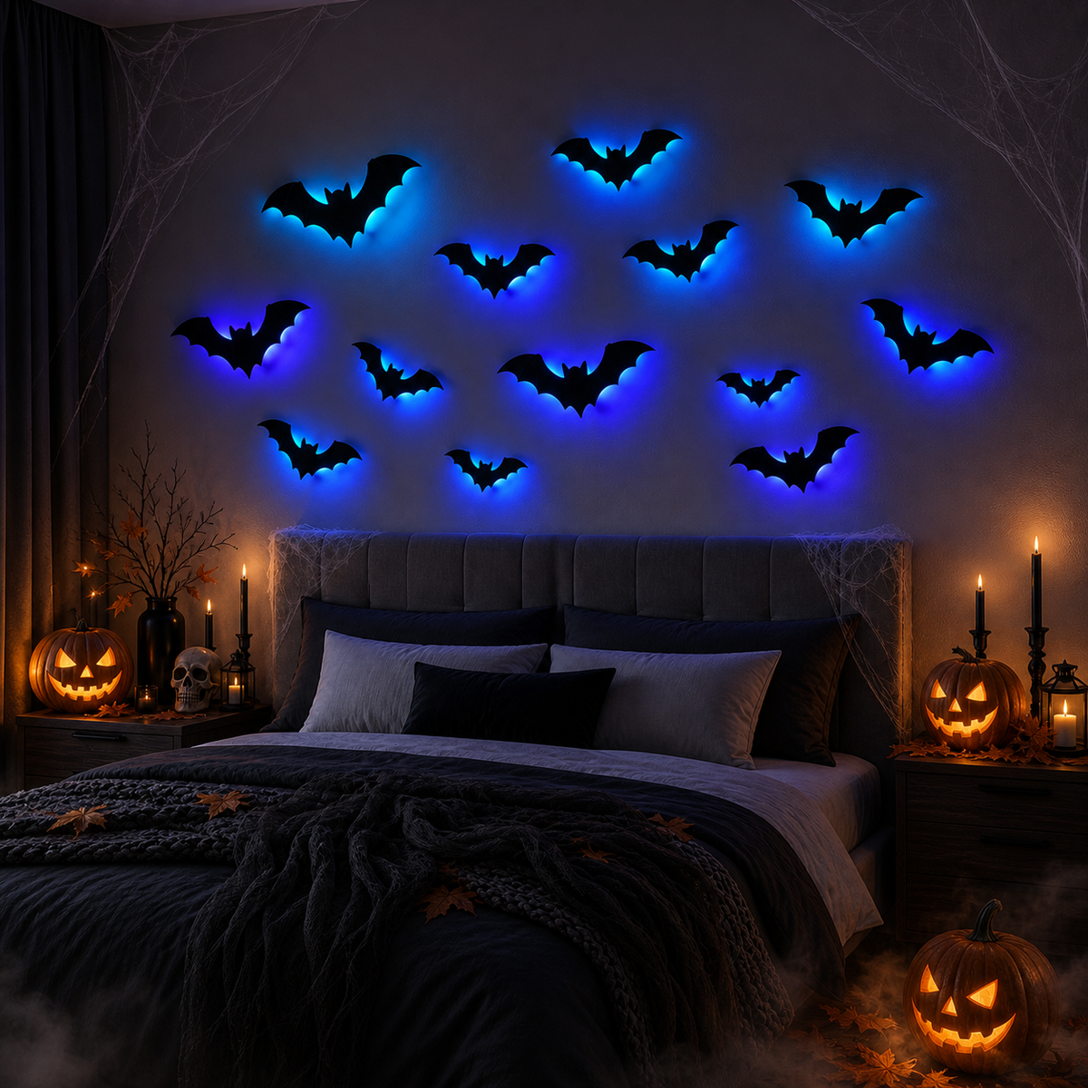 BatGlow bats backlit blue on a bedroom wall above the headboard