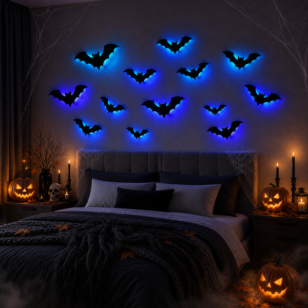 BatGlow bats backlit blue on a bedroom wall above the headboard