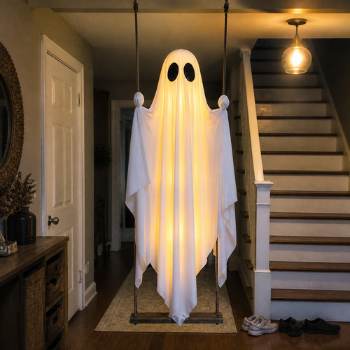 Light-up hanging ghost on a swing in a hallway beside the stairs