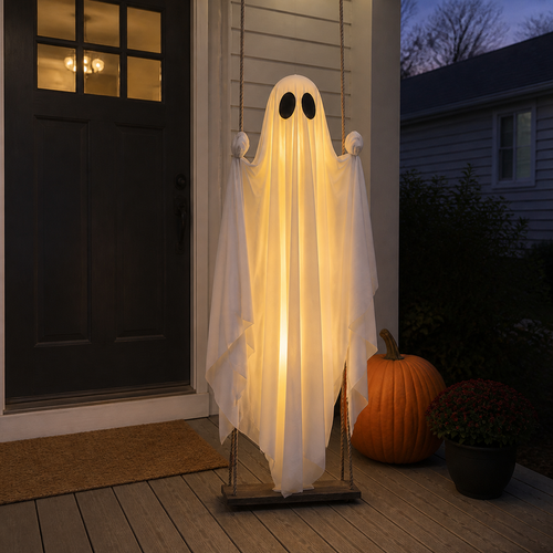 Light-up hanging ghost beside a front door with a pumpkin