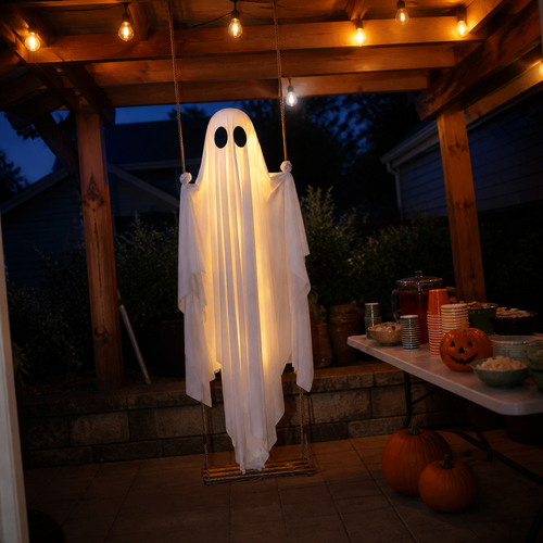 Light-up hanging ghost under a lit pergola at a Halloween party