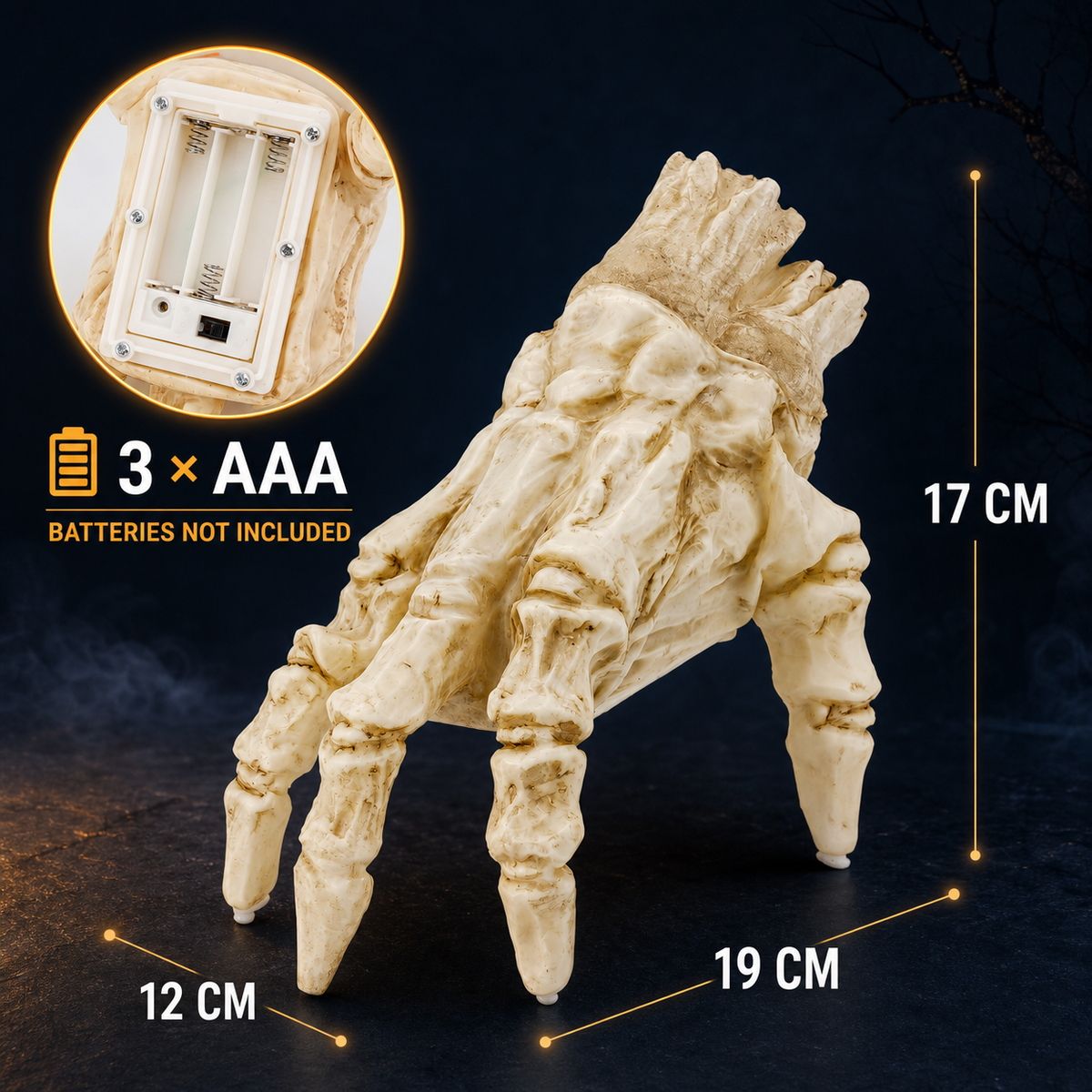 Size diagram: 19 cm long, 17 cm tall, 12 cm wide, powered by 3 AAA batteries not included